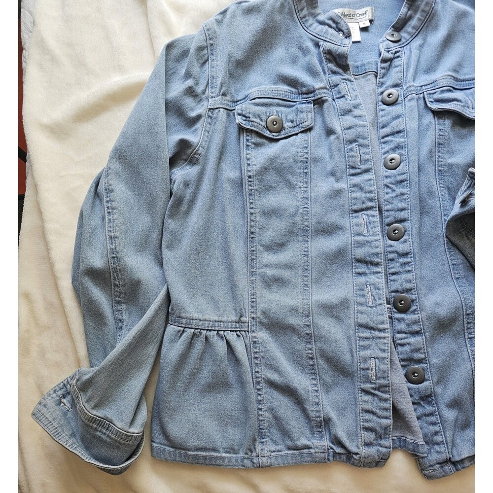 Coldwater Creek Denim Peplum Jacket Light Wash Mandarin Collar Size Med - Picture 4 of 10